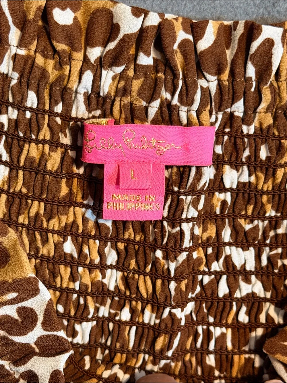 Lilly Pulitzer Brown Leopard Print Smocked Peplum Long Sleeve Blouse Cheetah